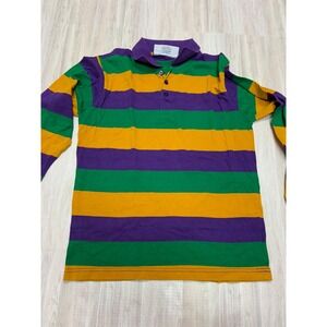 Crescent Colors Rugby Shirt Long Sleeve Purple Green Gold Stripe Polo Collar M